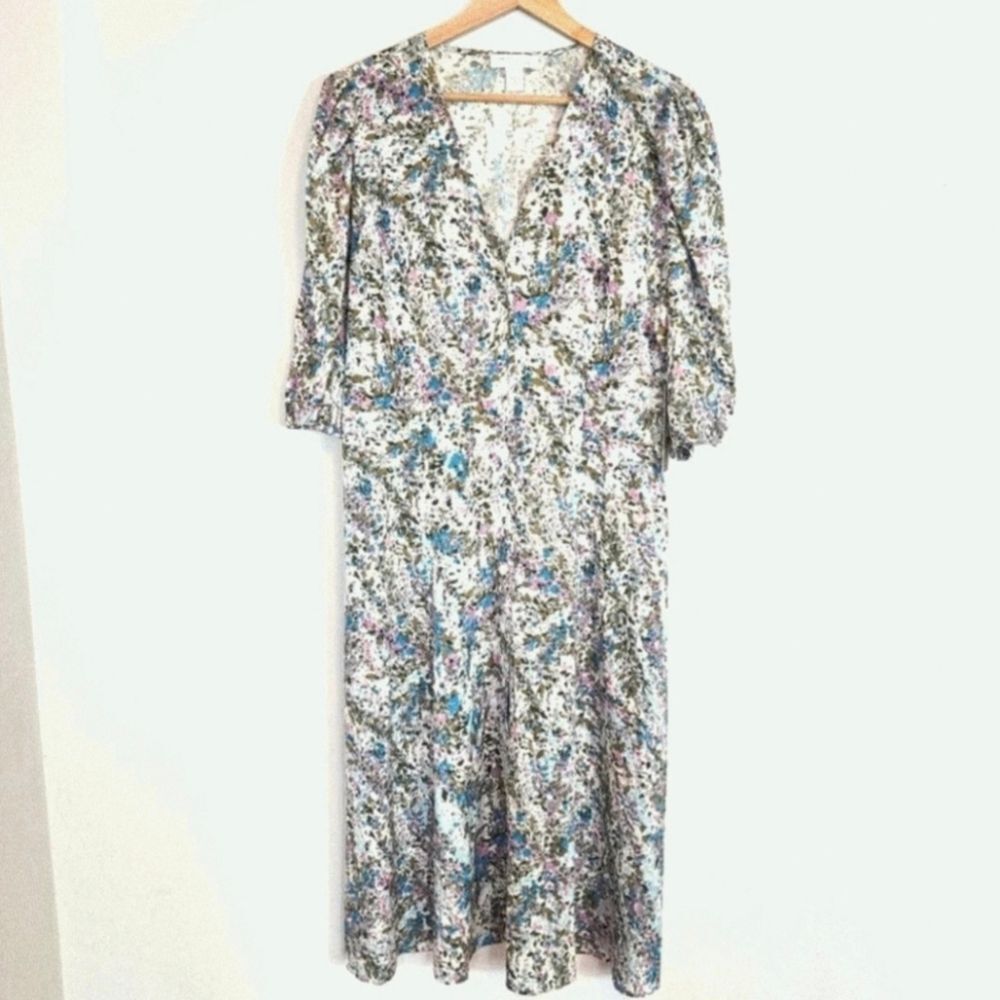 NWT Nordstrom Signature Stretch Silk Button Front Puff Sleeve Floral Dress SZ 6